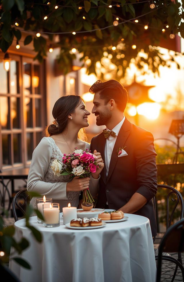 A romantic scene set in a quaint outdoor café during golden hour, with an elegant couple sharing a heartfelt moment