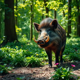 A majestic wild boar standing confidently in a lush green forest