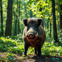 A majestic wild boar standing confidently in a lush green forest