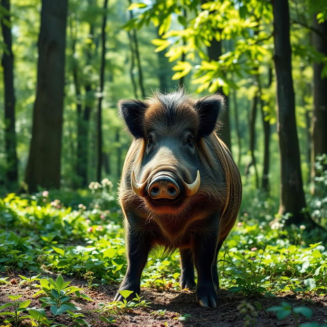 A majestic wild boar standing confidently in a lush green forest