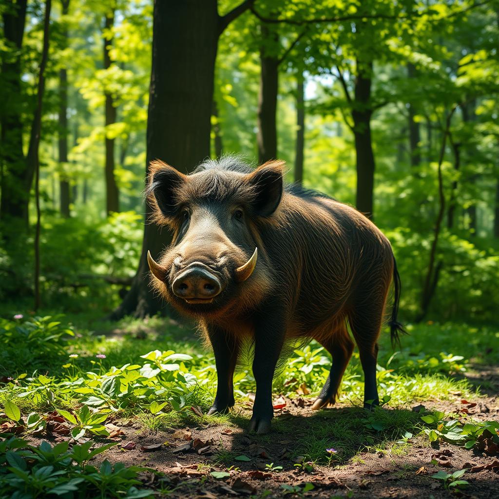 A majestic wild boar standing confidently in a lush green forest