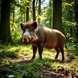 A majestic wild boar standing confidently in a lush green forest