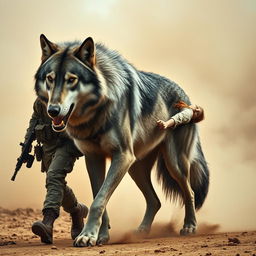 A gigantic silver and black wolf walking protectively beside a female army combat medic