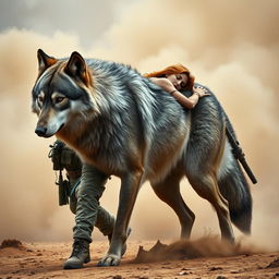 A gigantic silver and black wolf walking protectively beside a female army combat medic