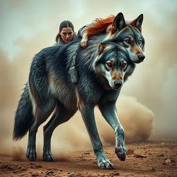 A gigantic silver and black wolf walking protectively beside a female army combat medic