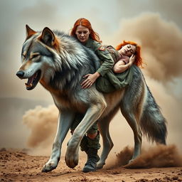 A gigantic silver and black wolf walking protectively beside a female army combat medic