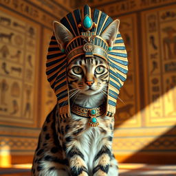 A majestic and regal cat wearing a magnificent ancient Egyptian headdress, intricately designed with gold and turquoise embellishments, reminiscent of the 3000-year-old artifacts from the Pharaohs
