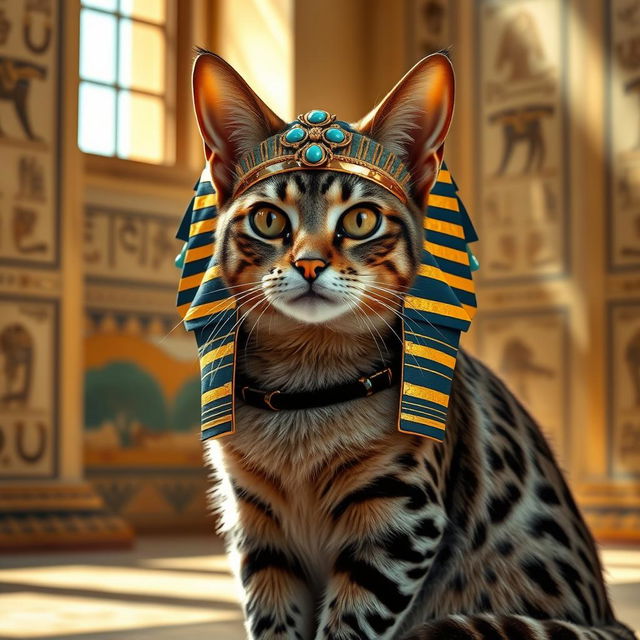 A majestic and regal cat wearing a magnificent ancient Egyptian headdress, intricately designed with gold and turquoise embellishments, reminiscent of the 3000-year-old artifacts from the Pharaohs