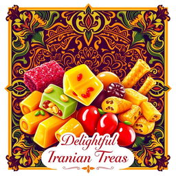 A vibrant and colorful poster design featuring traditional Iranian candies, showcasing a variety of candies such as Saffron and Pistachio nougat, colorful Persian sweets like Baklava, and Jalebi