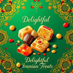 A vibrant and colorful poster design featuring traditional Iranian candies, showcasing a variety of candies such as Saffron and Pistachio nougat, colorful Persian sweets like Baklava, and Jalebi