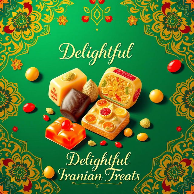 A vibrant and colorful poster design featuring traditional Iranian candies, showcasing a variety of candies such as Saffron and Pistachio nougat, colorful Persian sweets like Baklava, and Jalebi