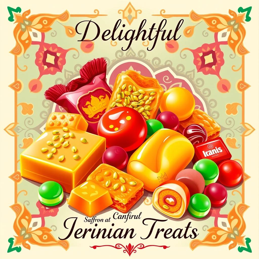 A vibrant and colorful poster design featuring traditional Iranian candies, showcasing a variety of candies such as Saffron and Pistachio nougat, colorful Persian sweets like Baklava, and Jalebi