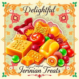 A vibrant and colorful poster design featuring traditional Iranian candies, showcasing a variety of candies such as Saffron and Pistachio nougat, colorful Persian sweets like Baklava, and Jalebi