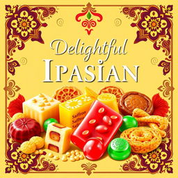 A vibrant and colorful poster design featuring traditional Iranian candies, showcasing a variety of candies such as Saffron and Pistachio nougat, colorful Persian sweets like Baklava, and Jalebi