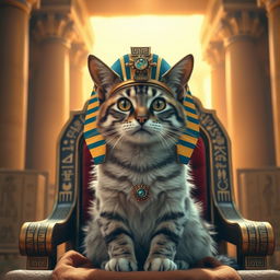 A cat adorned with an ancient Egyptian queen's headdress, reminiscent of the style from 3,000 years ago