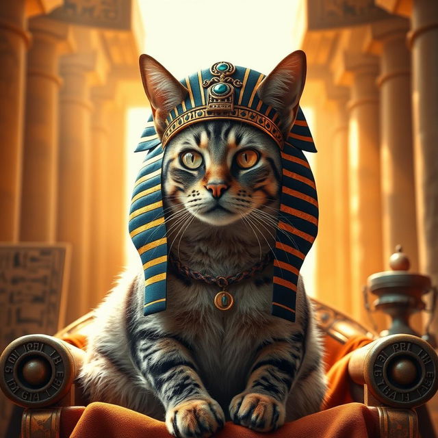 A cat adorned with an ancient Egyptian queen's headdress, reminiscent of the style from 3,000 years ago