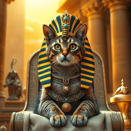 A cat adorned with an ancient Egyptian queen's headdress, reminiscent of the style from 3,000 years ago