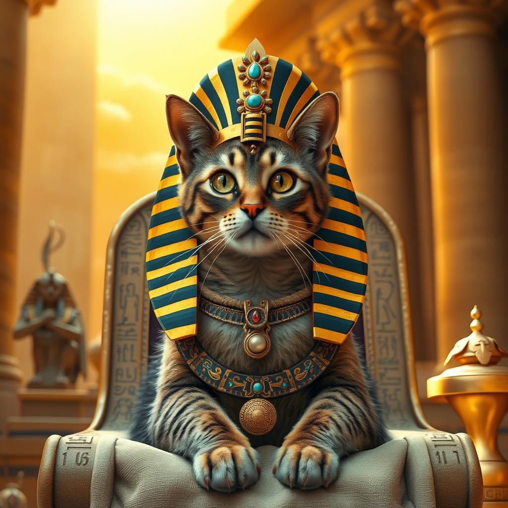 A cat adorned with an ancient Egyptian queen's headdress, reminiscent of the style from 3,000 years ago