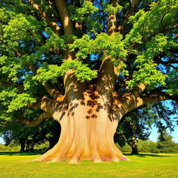 A large, majestic tree with a thick, textured trunk and a lush, green canopy