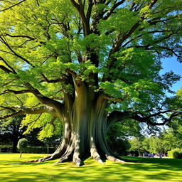 A large, majestic tree with a thick, textured trunk and a lush, green canopy