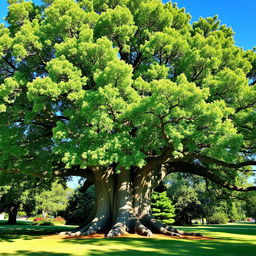 A large, majestic tree with a thick, textured trunk and a lush, green canopy