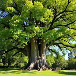 A large, majestic tree with a thick, textured trunk and a lush, green canopy