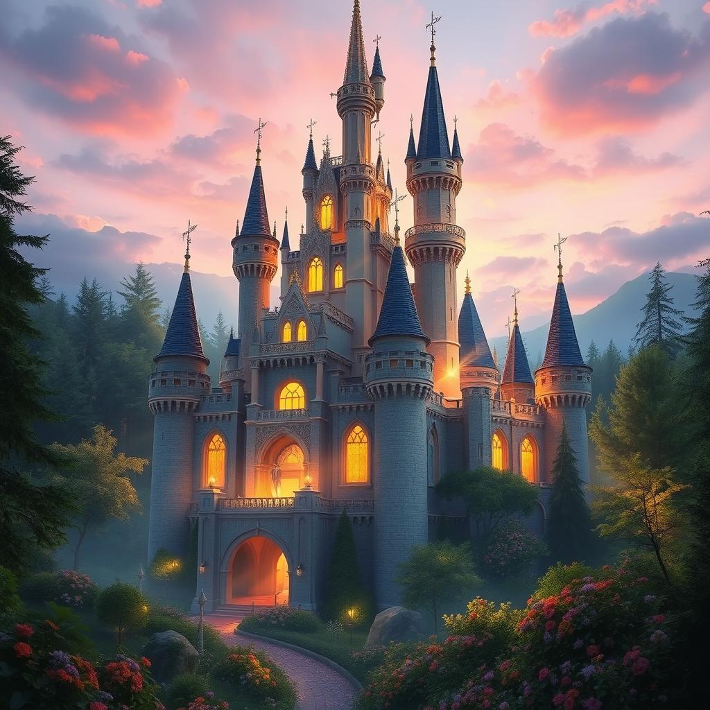 A magnificent, radiant castle shimmering with light, surrounded by a mystical forest