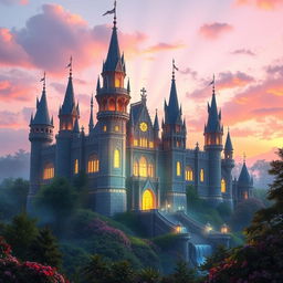 A magnificent, radiant castle shimmering with light, surrounded by a mystical forest