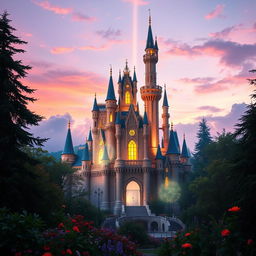 A magnificent, radiant castle shimmering with light, surrounded by a mystical forest