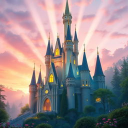A magnificent, radiant castle shimmering with light, surrounded by a mystical forest