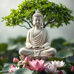 A serene 3D image of a Buddha statue, gracefully seated in a meditative pose, with intricate details on its robe and peaceful expression