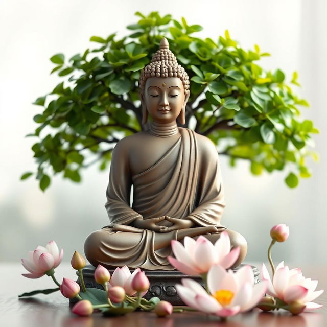 A serene 3D image of a Buddha statue, gracefully seated in a meditative pose, with intricate details on its robe and peaceful expression
