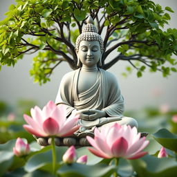 A serene 3D image of a Buddha statue, gracefully seated in a meditative pose, with intricate details on its robe and peaceful expression