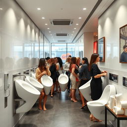 An interior view of a busy women's restroom featuring stylish and modern standing female urinals equipped with flushometers