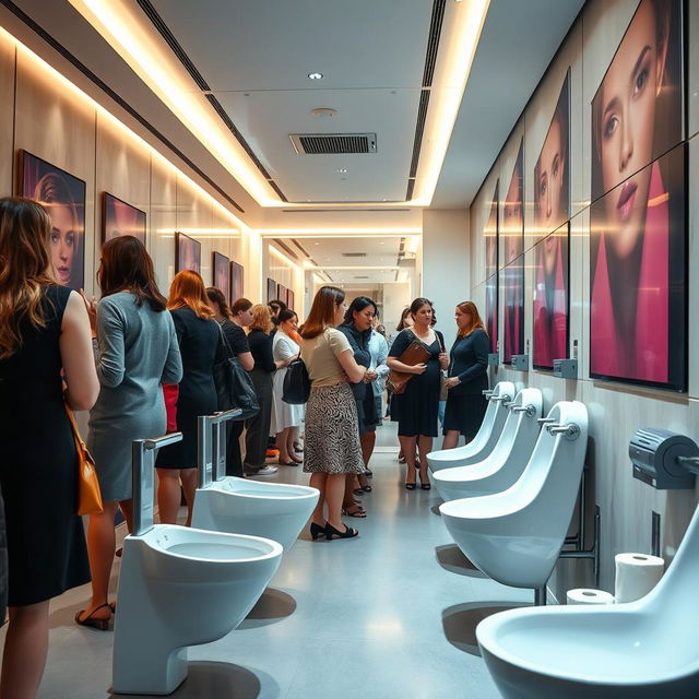 An interior view of a busy women's restroom featuring stylish and modern standing female urinals equipped with flushometers