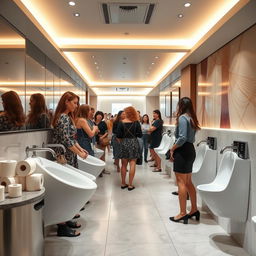An interior view of a busy women's restroom featuring stylish and modern standing female urinals equipped with flushometers