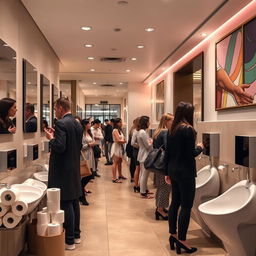 An interior view of a busy women's restroom featuring stylish and modern standing female urinals equipped with flushometers