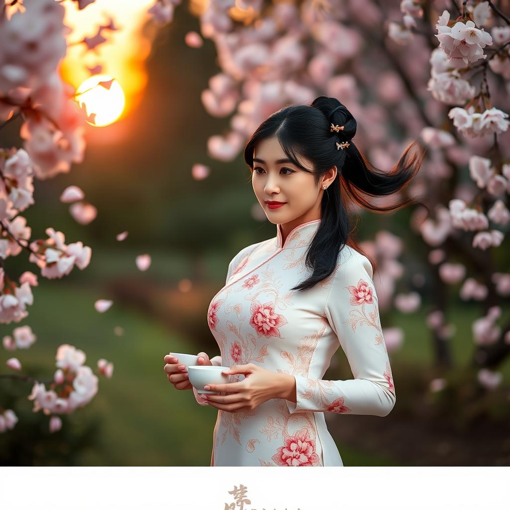 An elegant Chinese woman wearing a traditional qipao dress, adorned with intricate floral patterns, standing gracefully in a lush garden filled with cherry blossom trees