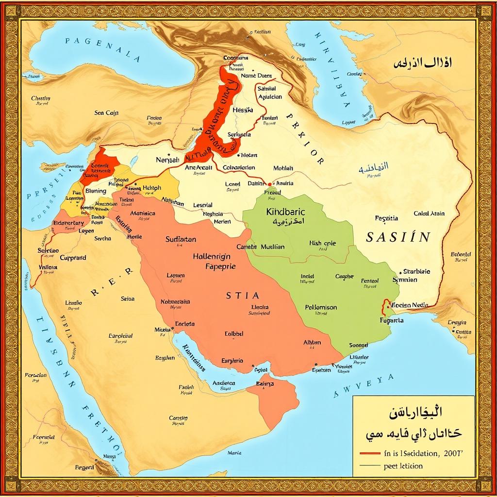 A detailed map of the historical Persian Empire during the Sasanian era, showcasing the vast territories including regions that were once part of this great kingdom