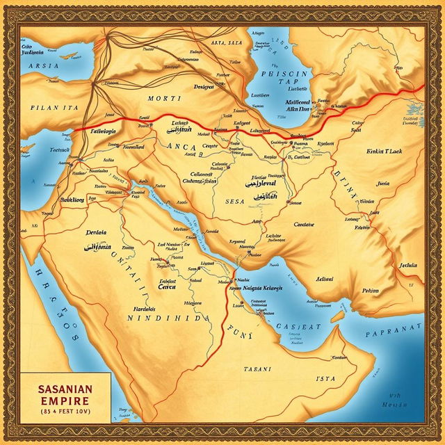 A detailed map of the historical Persian Empire during the Sasanian era, showcasing the vast territories including regions that were once part of this great kingdom