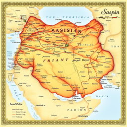 A detailed map of the historical Persian Empire during the Sasanian era, showcasing the vast territories including regions that were once part of this great kingdom