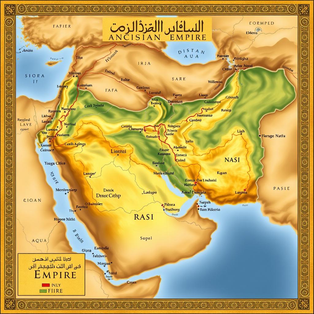 A comprehensive and artistic map of the ancient Persian Empire during the Sasanian period, illustrating the extensive territories that were part of this great kingdom