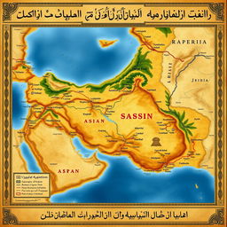 A comprehensive and artistic map of the ancient Persian Empire during the Sasanian period, illustrating the extensive territories that were part of this great kingdom