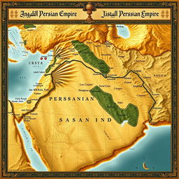 A comprehensive and artistic map of the ancient Persian Empire during the Sasanian period, illustrating the extensive territories that were part of this great kingdom