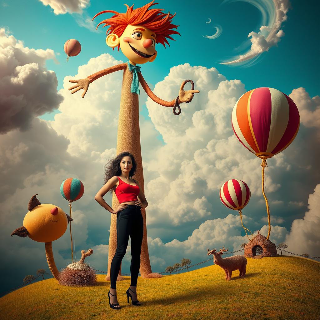 A surreal and imaginative scene featuring a tall, whimsical character with exaggerated proportions, symbolizing a playful and fantastical atmosphere