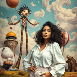 A surreal and imaginative scene featuring a tall, whimsical character with exaggerated proportions, symbolizing a playful and fantastical atmosphere