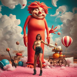 A surreal and imaginative scene featuring a tall, whimsical character with exaggerated proportions, symbolizing a playful and fantastical atmosphere