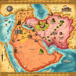 A detailed and artistic map of the Great Persian Empire, showcasing the full extent of the Sasanian territory including lost regions