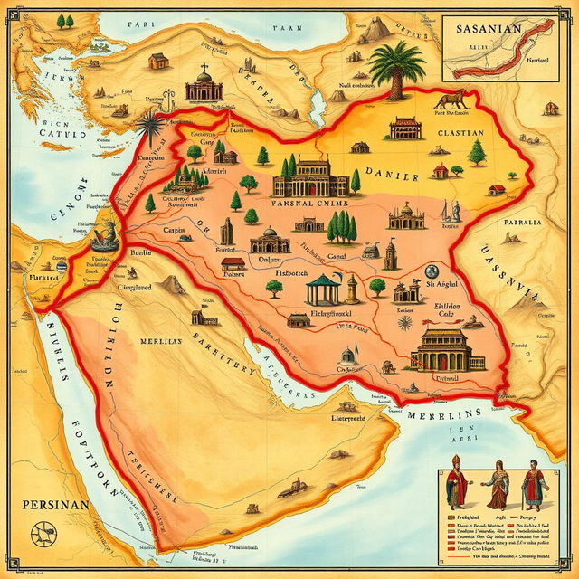 A detailed and artistic map of the Great Persian Empire, showcasing the full extent of the Sasanian territory including lost regions