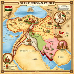 A detailed and artistic map of the Great Persian Empire, showcasing the full extent of the Sasanian territory including lost regions